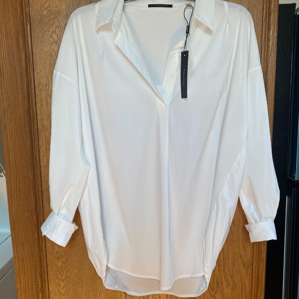 White Tahari V- neck Collar Long Sleeve Oversize Blouse Size Small/Petite